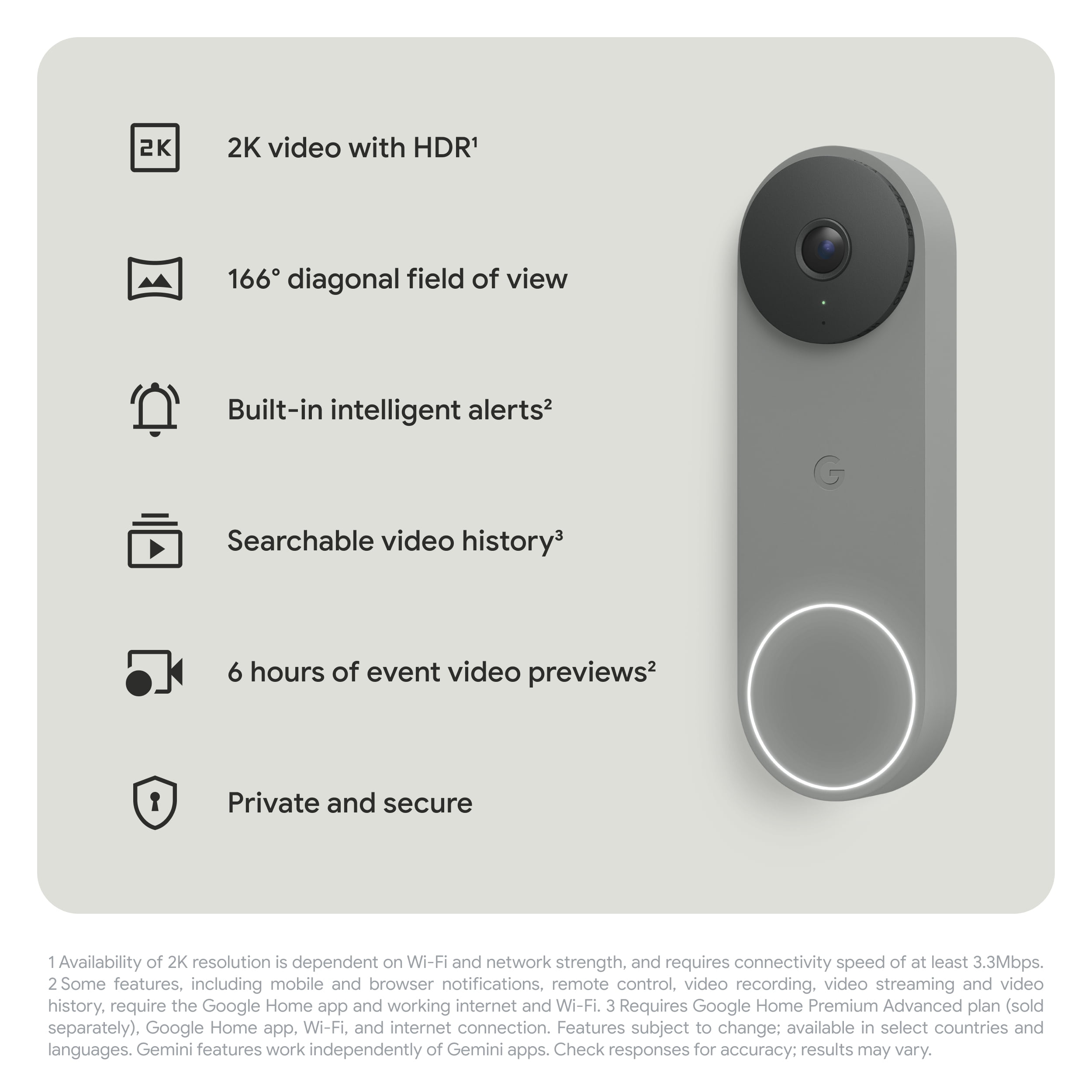 Google Nest Doorbell (Wired, 3rd Gen) - Video Doorbell Camera with 2K Video - Works with Google Home - With Gemini - Hazel