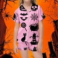 thumbnail image 2 of Girls Silk Pajamas Halloween Pumpkin Bat Cat Print Satin Pajama Set Short Sleeve Top and Shorts 2 Piece Sleepwear Outfit Theme Party Wear Toddler Pajamas Pink 4 Years-5 Years, 2 of 4