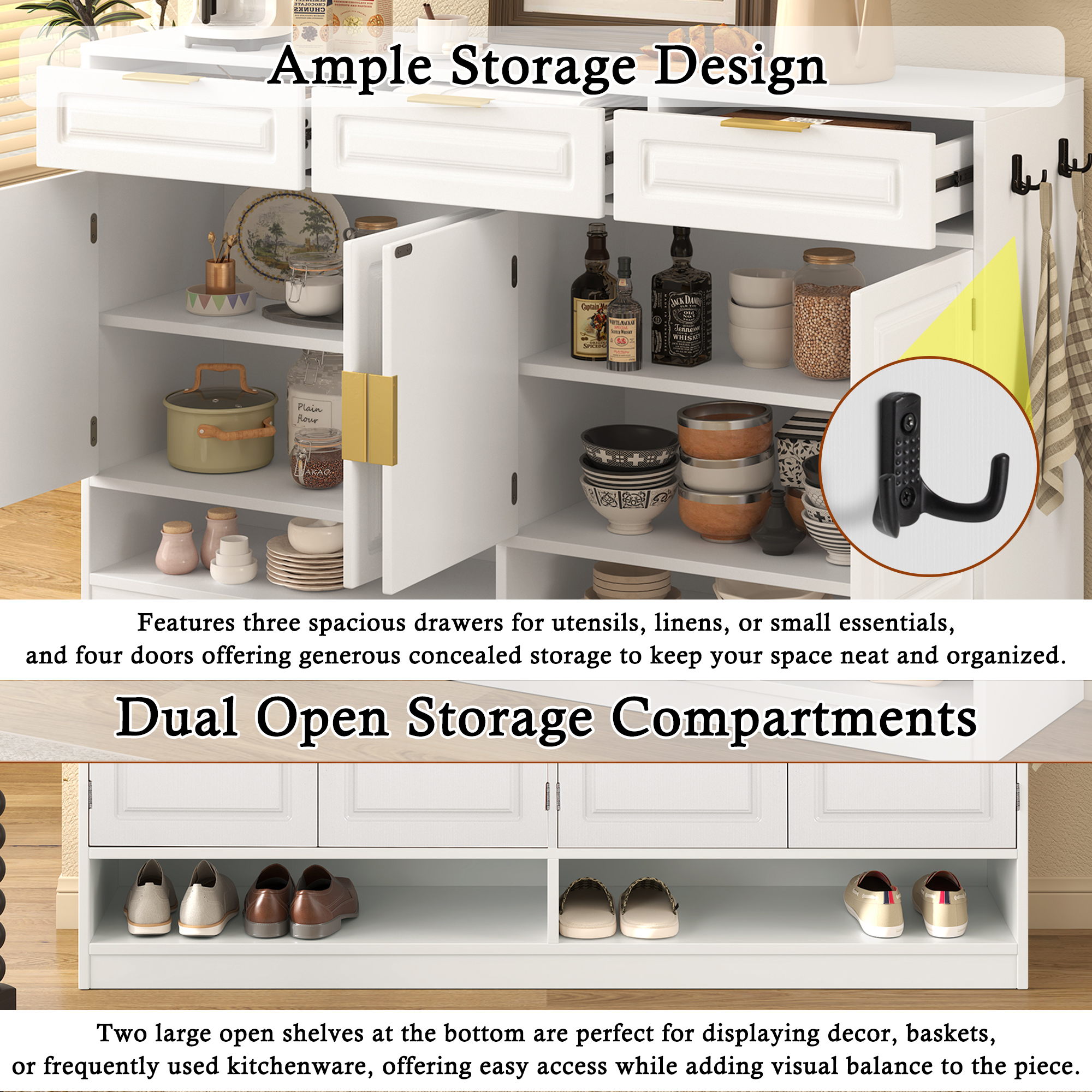 Aukfa 59.1" Sideboard Buffet Cabinet,Large Storage Cabinet with 3 Drawers & Adjustable Shelf,White