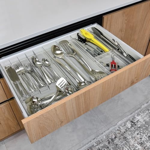 Silverware & Utensil Drawer Organizer - Divided Clear Plastic Storage Tray with 6 Compartments for Kitchen Flatware and Cutlery - BPA Free, Food Safe, Non Slip, 12x15 inches