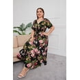 thumbnail image 3 of AURA Plus Size Retro Geometric Maxi Dress V Neck Short Sleeve Elastic Waist Pleated Long Dress with Side Slit for Spring, 3 of 4