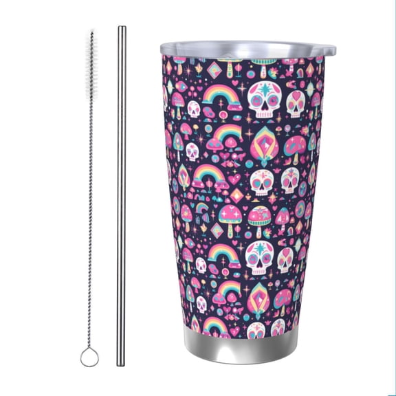 Vsdgher cute Skull rainbow mushroom 20 Oz Stainless Steel Vacuum Insulated, Travel Mug Coffee Cup for Home, Office, Outdoor Works Great for Ice Drinks and Hot Beverage -Straw Two-piece Set