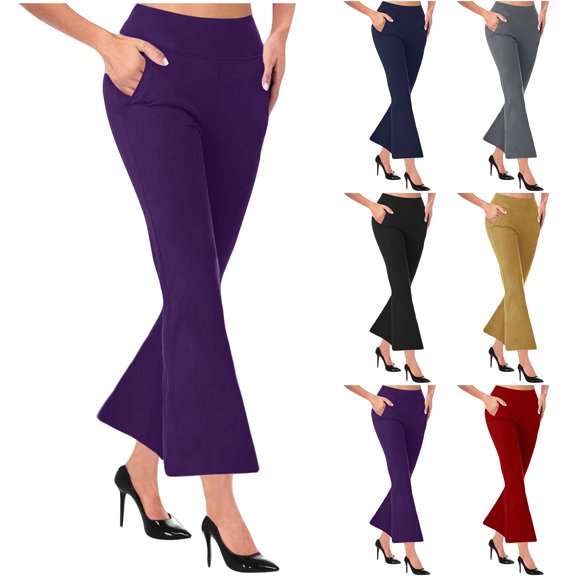Eiyaclvo Women's Flare Dress Pants Elastic High Waist Bootcut Trousers Lightweight Business Dressy Casual Pant for Office Work
