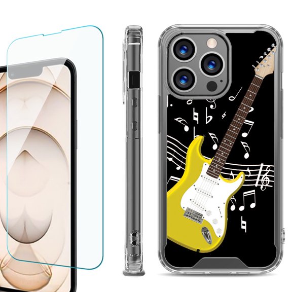 Shockproof Bumper Phone Case for iPhone 13 Pro Max, with Tempered Glass Screen Protector, by OneToughShield ® - Guitar Yellow