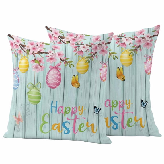 Happy Easter Outdoor Waterproof Pillow Covers, Spring Colorful Eggs Butterfly Teal Wood Grain Decorative Square Throw Pillowcase Sofa Cushion Sham for Patio/Couch/Chair, 18"x18" 2 Pack
