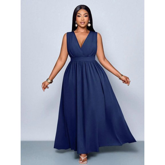 Plus Size Navy Blue Solid Cross Deep V-Neck A-Line Maxi Dress Loose Flowy Casual Everyday Wear