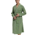 thumbnail image 2 of Defitshape Men's Long Sleeve Cotton Robe Summer Plaid Soft Long Robe Comfy Vintage Wrap Lightweight SPA Hot Tub Bath Robe Trendy Sleepwear Green Large, 2 of 5