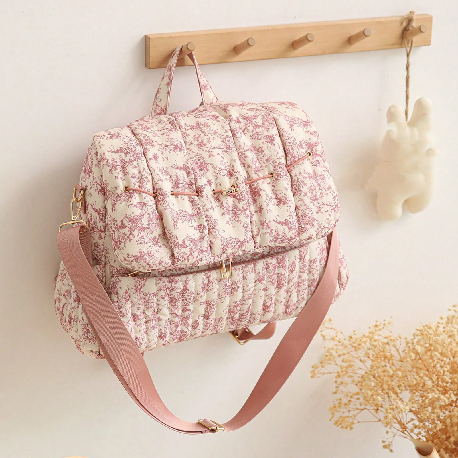 HAHUT Aesthetic Quilted Floral Diaper Bag Backpack with Stroller Straps, Multi-Functional Nylon Embroidered Laptop Backpack for Work Travel Casual (Red)
