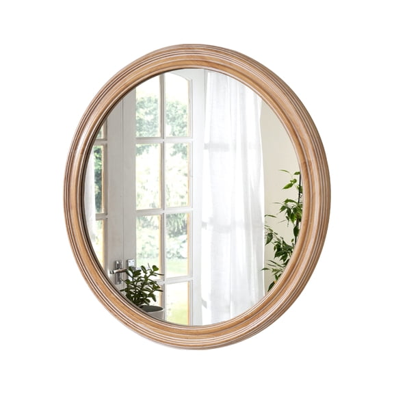 23.62" Farmhouse Decorative Round Mirrors with Ribbed Detail, Coastal & Farmhouse Style Decorative Mirror, Rustic Distressed Wooden Circle Mirror for Bathroom Over Sink, Entryway, Living Room, Vanity