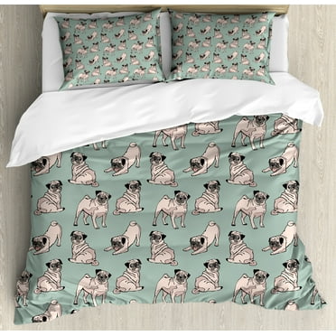 Pug Queen Size Duvet Cover Set, Dogs with Various States Sitting Standing Stretching Cute Cartoon Style Pet Drawing, Decorative 3 Piece Bedding Set with 2 Pillow Shams, Pale Blue, by Ambesonne