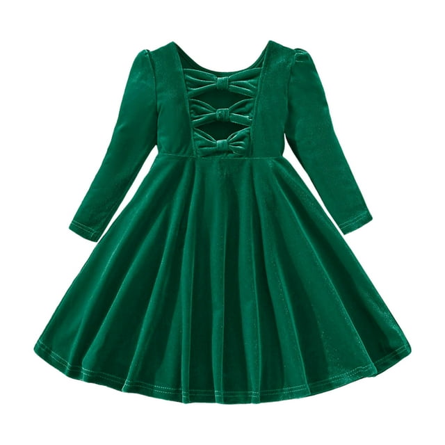 MEZZALL Robe à Manches Longues pour Tout-Petites Filles, Nœud, Découpes, Robe de Princesse, Vêtements, Robe d'Été Confortable, Vert, 3-4 Ans