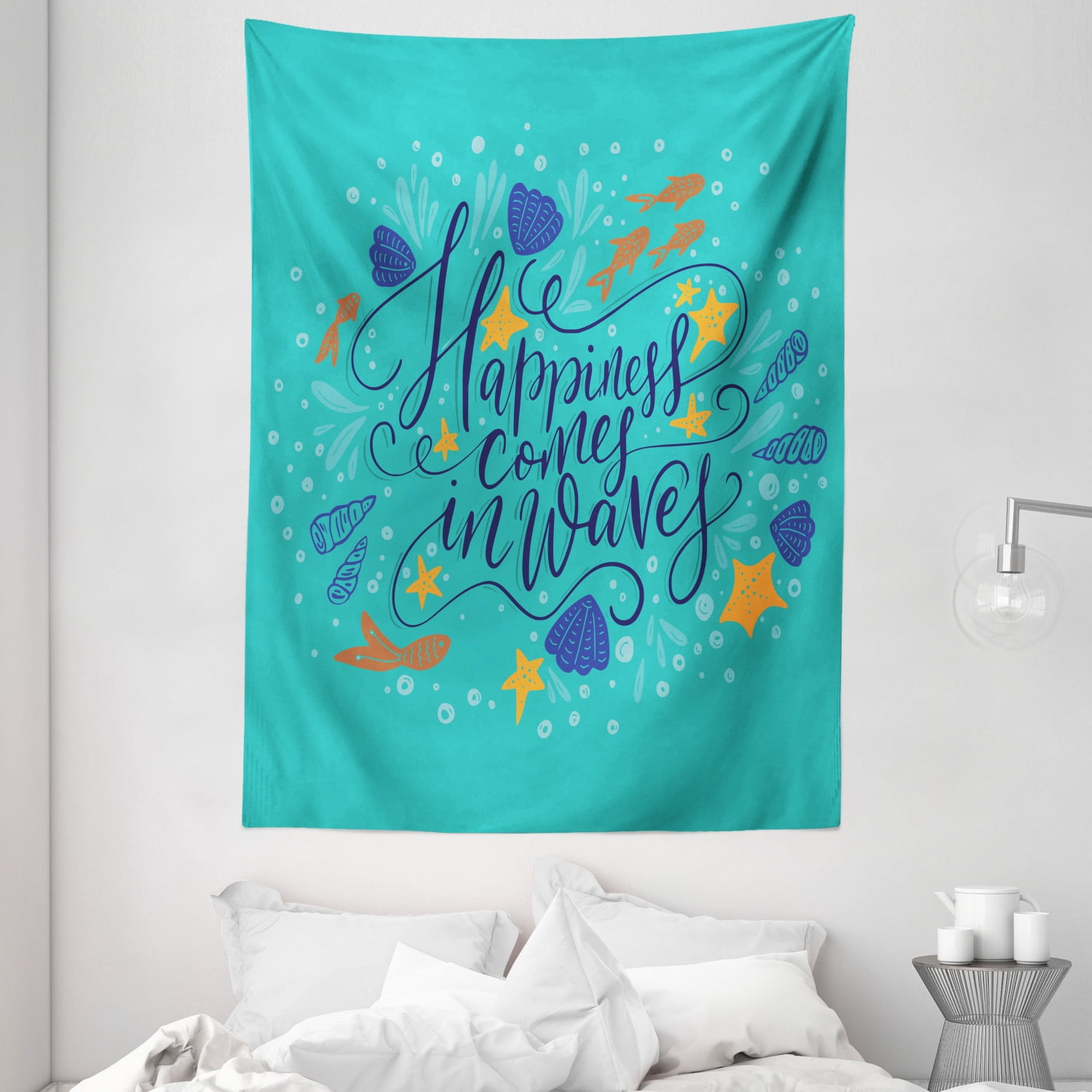 Beach Saying Tapestry, Caligraphic Design on a Teal Oceanic Background