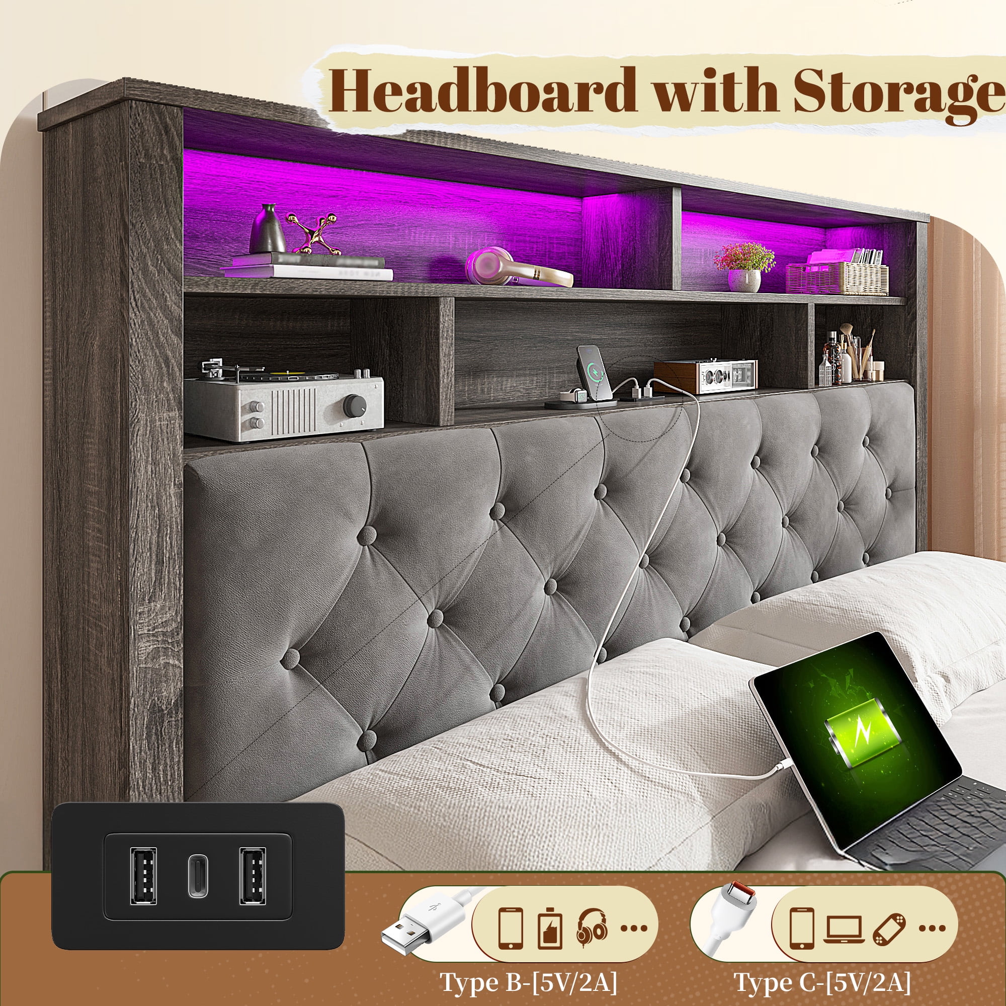 EnHomee Full Size Bed Frame with Headboard and Storage Drawers Bed Frame Full NO Box Spring Needed Full Bed Frame with 2-Tier Storage Shelf & LED Lights & Charging Station