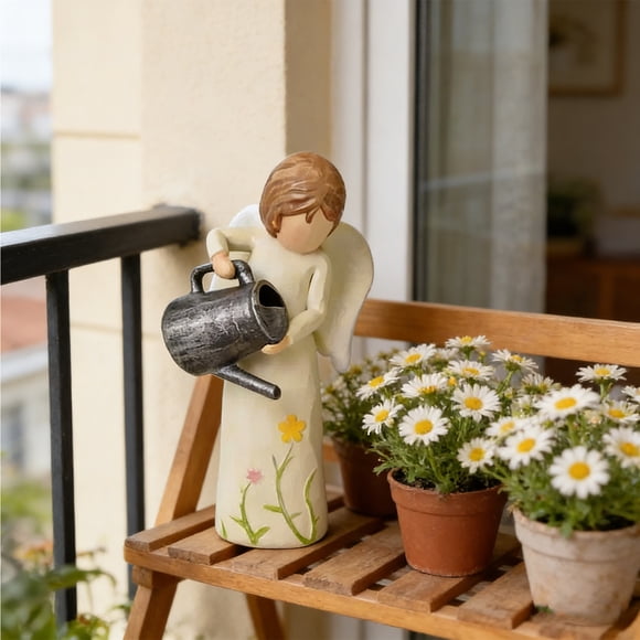 Sokhug Figurine d'Ange en Résine pour la Fête des Mères, Fille Arrosant des Fleurs, Sculpture pour la Déco de la Maison, 4,7 X 1,96 Pouces, Blanc