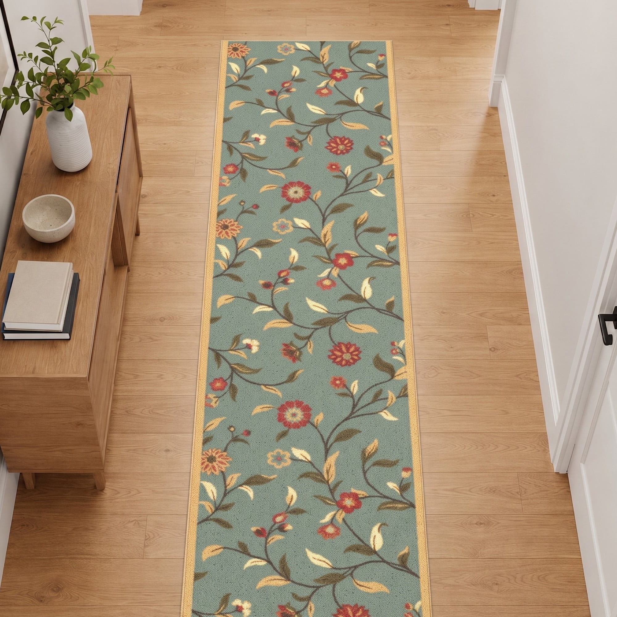 Ottomanson Extra Long Runner Rug 2'7" x 19' – Non-Slip Low Pile Hallway Carpet, Floral Seafoam Green