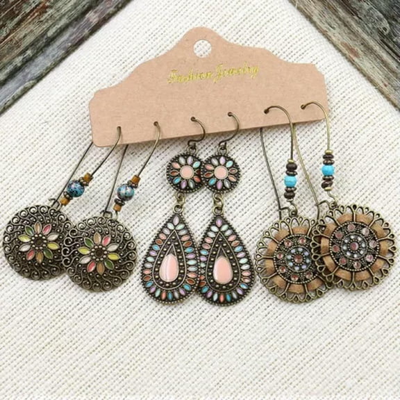 EOEMY Boho 3Pairs Boho Gypsy Earrings Set Tribal Ethnic Hook Drop Dangle Women Jewelry-2-Flower