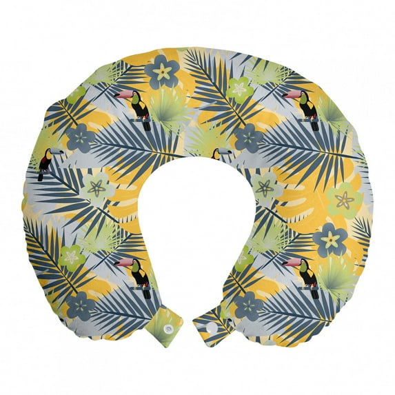 Tropical Travel Pillow Neck Rest, Exotic Forest Pattern with Abstract Flowers Leaves and Toucan Bird, Memory Foam Traveling Accessory Airplane and Car, 12", Multicolor, by Ambesonne