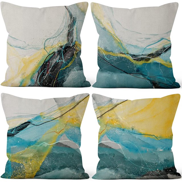 LAICAIW Marble Texture Throw Pillow Covers, Blue and Yellow Marble Decorative Sofa Pillow Covers Square Linen Couch Pillow Cases for Home Decor Set of 4, 18x18 Inch (No Insert Included)