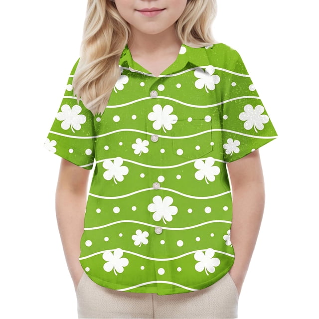 Blusa y camisa de manga corta con cuello vuelto, moderna e informal, con estampado del Día de San Patricio, con bolsillo, para uniforme escolar, para niños y niñas de 2 a 15 años.