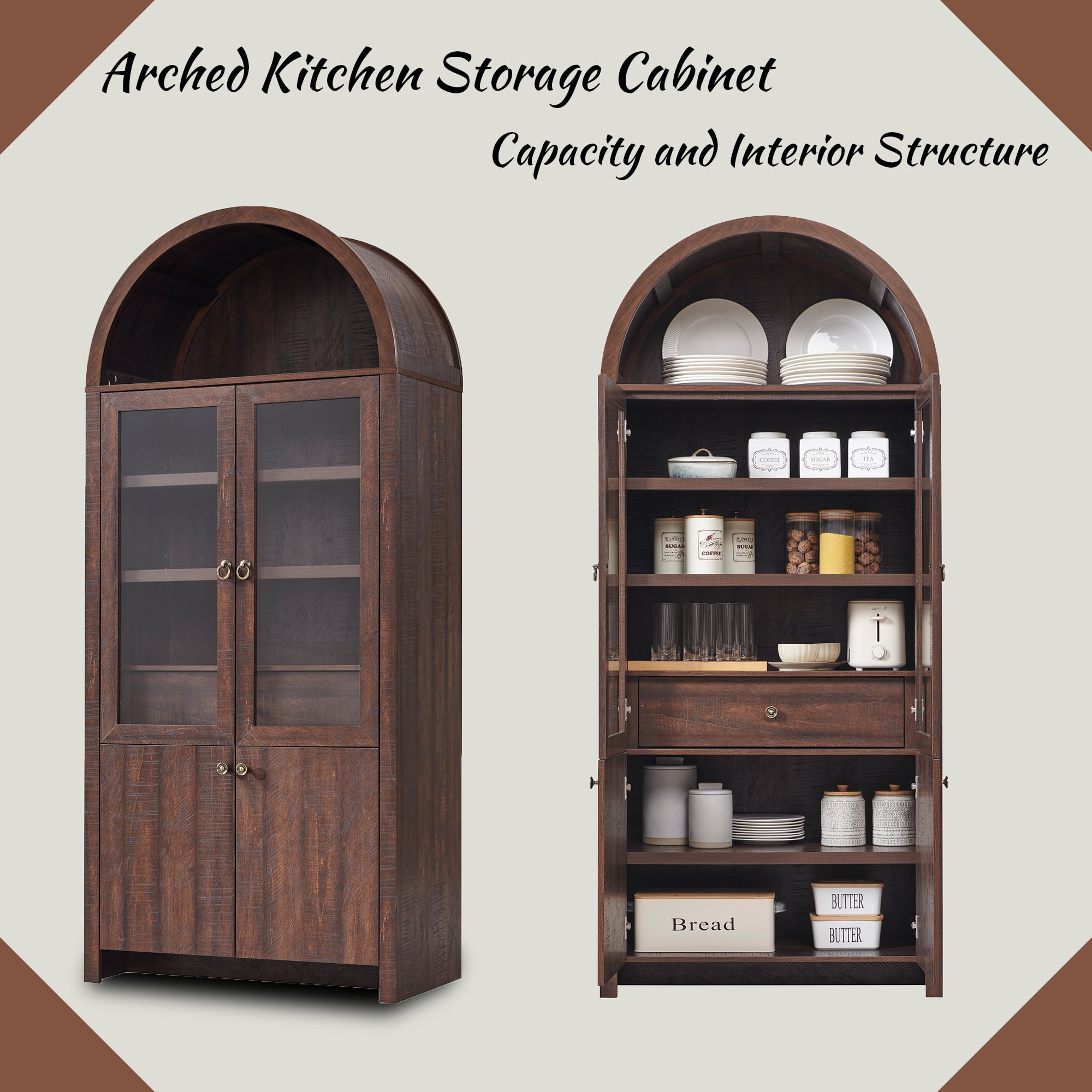 SinCiDo Arched Kitchen Pantry Storage Cabinet 71 Tall Wood Pantry Shelves with 2 Doors 2 Large Drawers for Dining Room Living Room