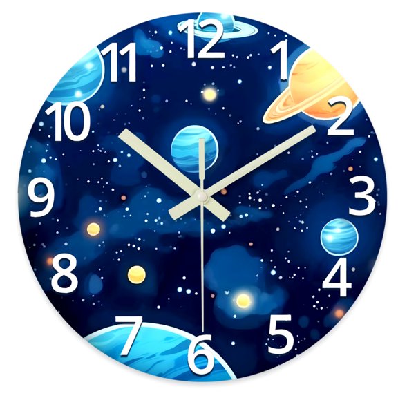 Blue Glow in The Dark Wall Clock 16 Inch Slient Space Wall Clock Battery Operated Non Ticking Children Round Wall Clock for School Boys Bedroom Living Room