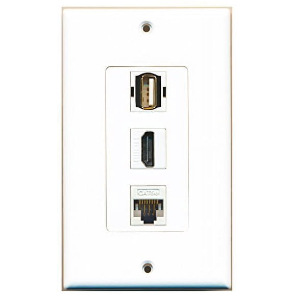 RiteAV - 1 Port HDMI 1 USB A-A 1 Cat5e Ethernet White Wall Plate Decorative