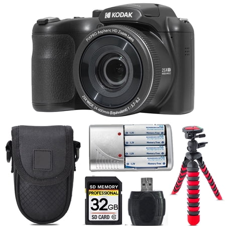 Kodak PIXPRO AZ255 Digital Camera (Black) + Extra Battery +Tripod + Case -32GB Kit