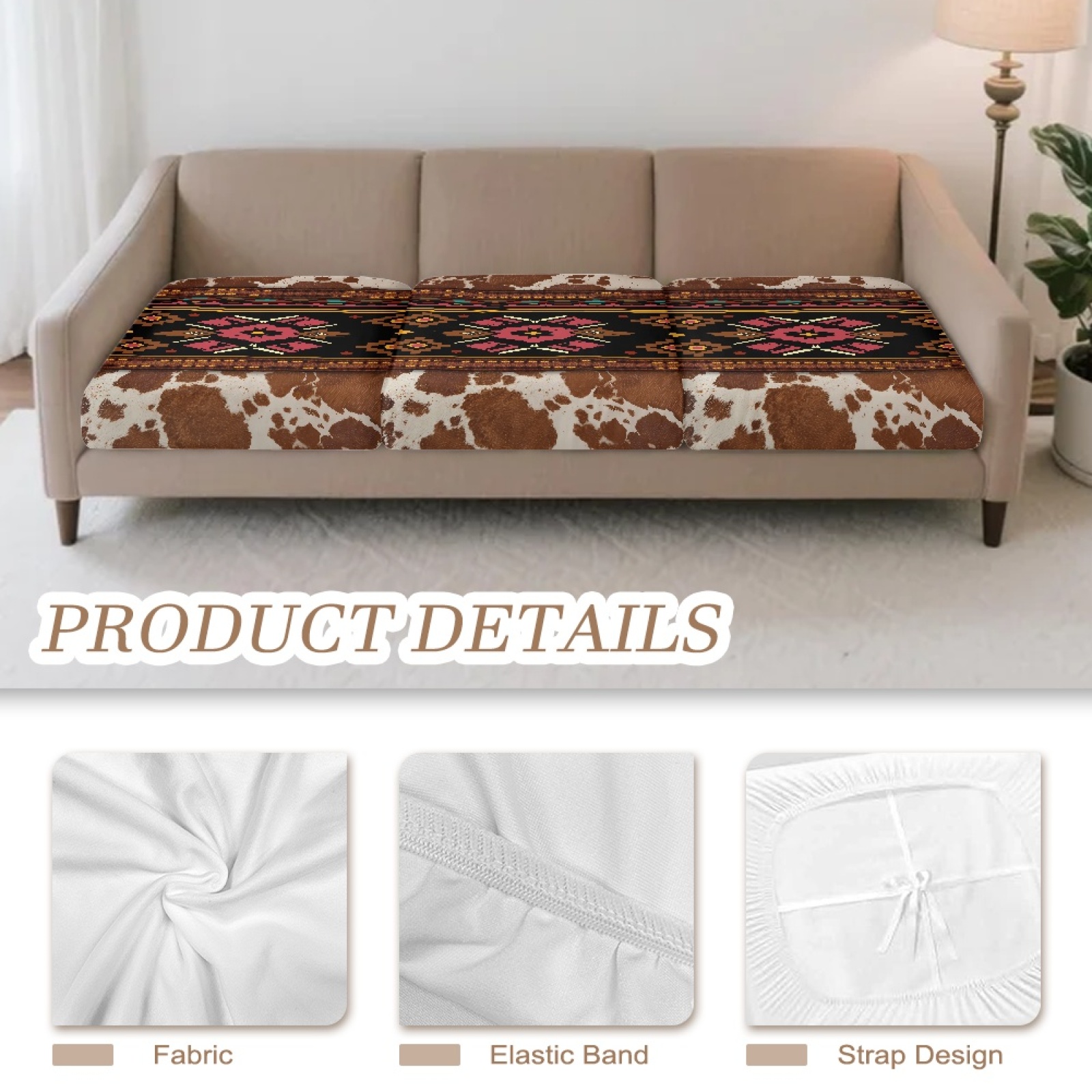 COEQINE Couch Cover Stretch Elastic Spandex Fabric Sofa Seat Cover Sets Seat Cushion Slipcover Pet Friendly Dog Couch Cushion Slipcover for Pets, Kids, 3 Pieces, American Tribal Brown Cow Print