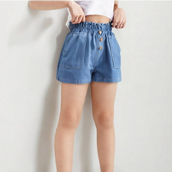 Pounoo New 2025 Shorts for Girls 4-16 New Summer Girls' Elastic Waist Large Pocket Denim Shorts Fashionable and Versatile Design Casual Hot Pants Shorts Girls Shorts 7-8