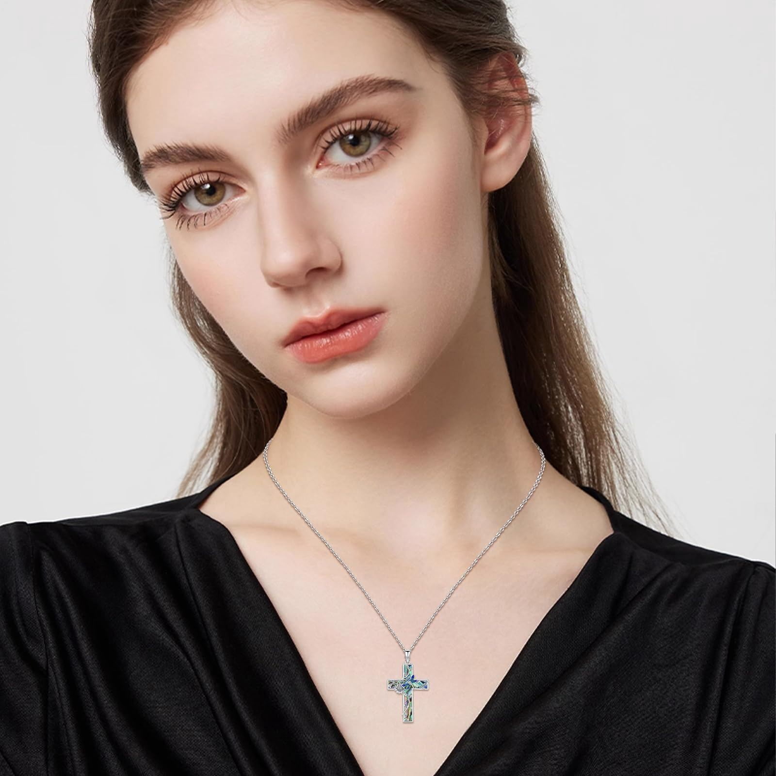 Coachuhhar Sunflower Cross Necklace 925 Sterling Silver Dragonfly Pendant Necklace Abalone Jewelry Gifts for Women Mom Birthday