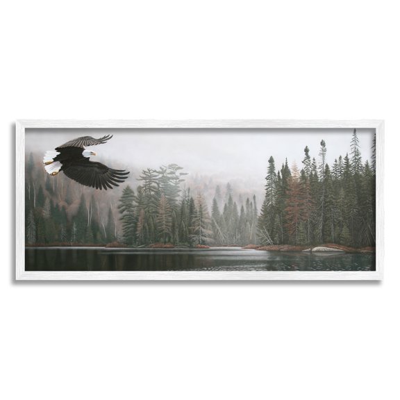 Stupell Industries Eagle Soaring Over Lake Nature Photography White Framed Art Print Wall Art, 30 x 13