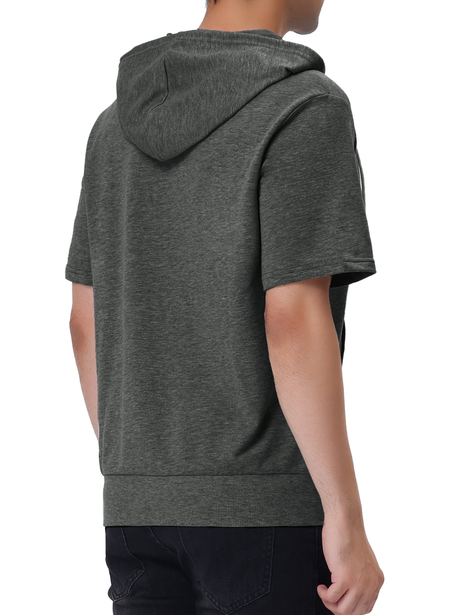 Unique Bargains Men's Short Sleeve Solid Color Zip Up Sport Hoodies L Dark Gray