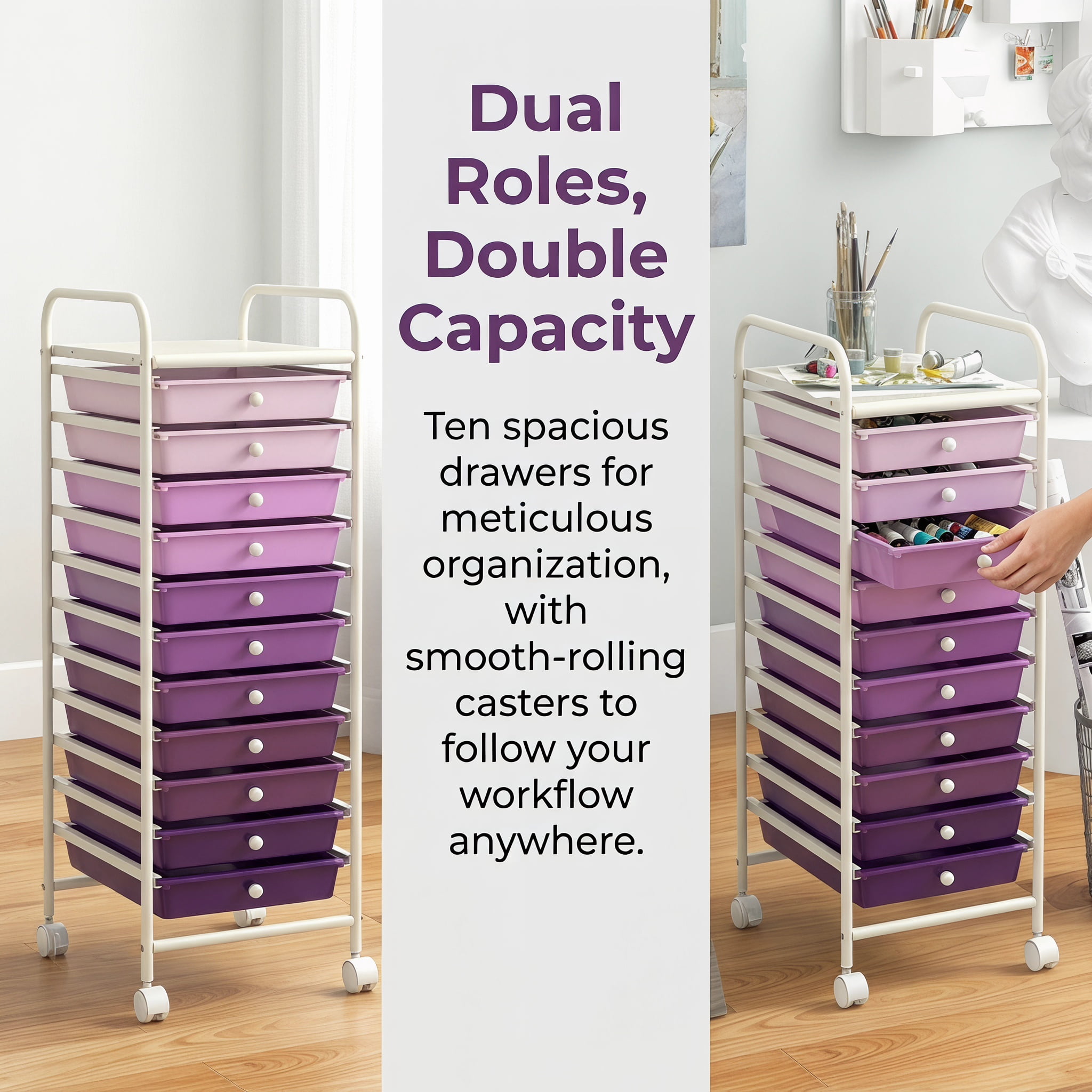 Kadyn Storage Shelving Rack, Storage Cart,10 Drawer Rolling Storage Cart Organizer with 4 Universal Casters-Purple
