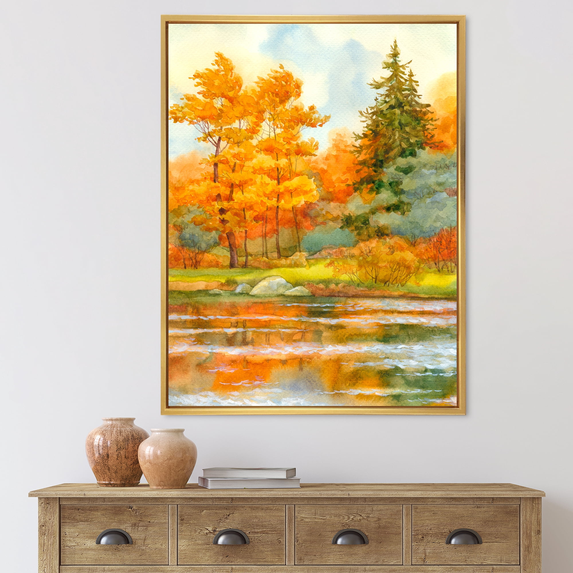 Designart 'Autumn Forest By The Lake Side IV' Lake House Framed Canvas Wall Art Print