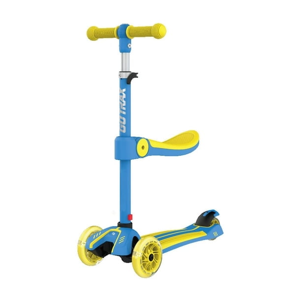 Gotrax GS2 2-in-1 Foldable Kick Scooter for Kids Ages 2-6 in blue, with a removable seat, adjustable handlebar heights, light-up wheels, and a wide deck. This kids' scooter features a stable four-wheel structure, rear brake for safety, and a foldable design, supporting up to 100 lbs while promoting balance and coordination.