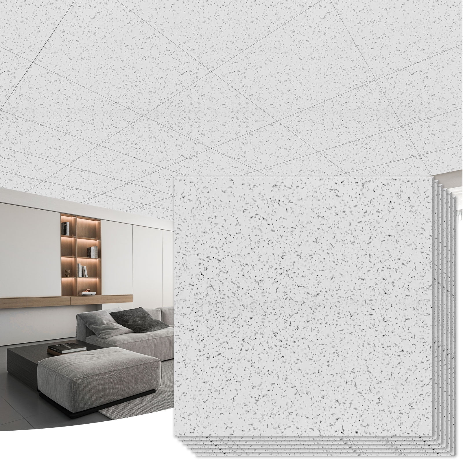 Art3dwallpanel 12-Pack 2x2ft Waterproof Ceiling Tiles, Acoustic, No-Sag Panels for Basement & Office,White Stucco Printing