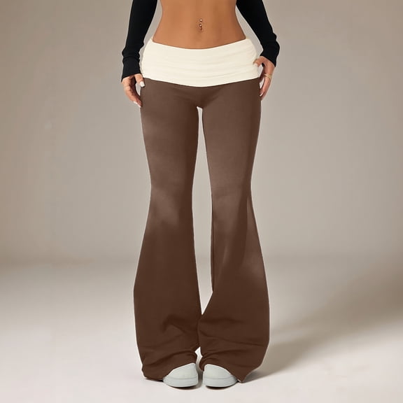 Women's Fold Over Waist Flare Pants High Waist Stretchy Bootcut Yoga Bell Bottom Trousers, L
