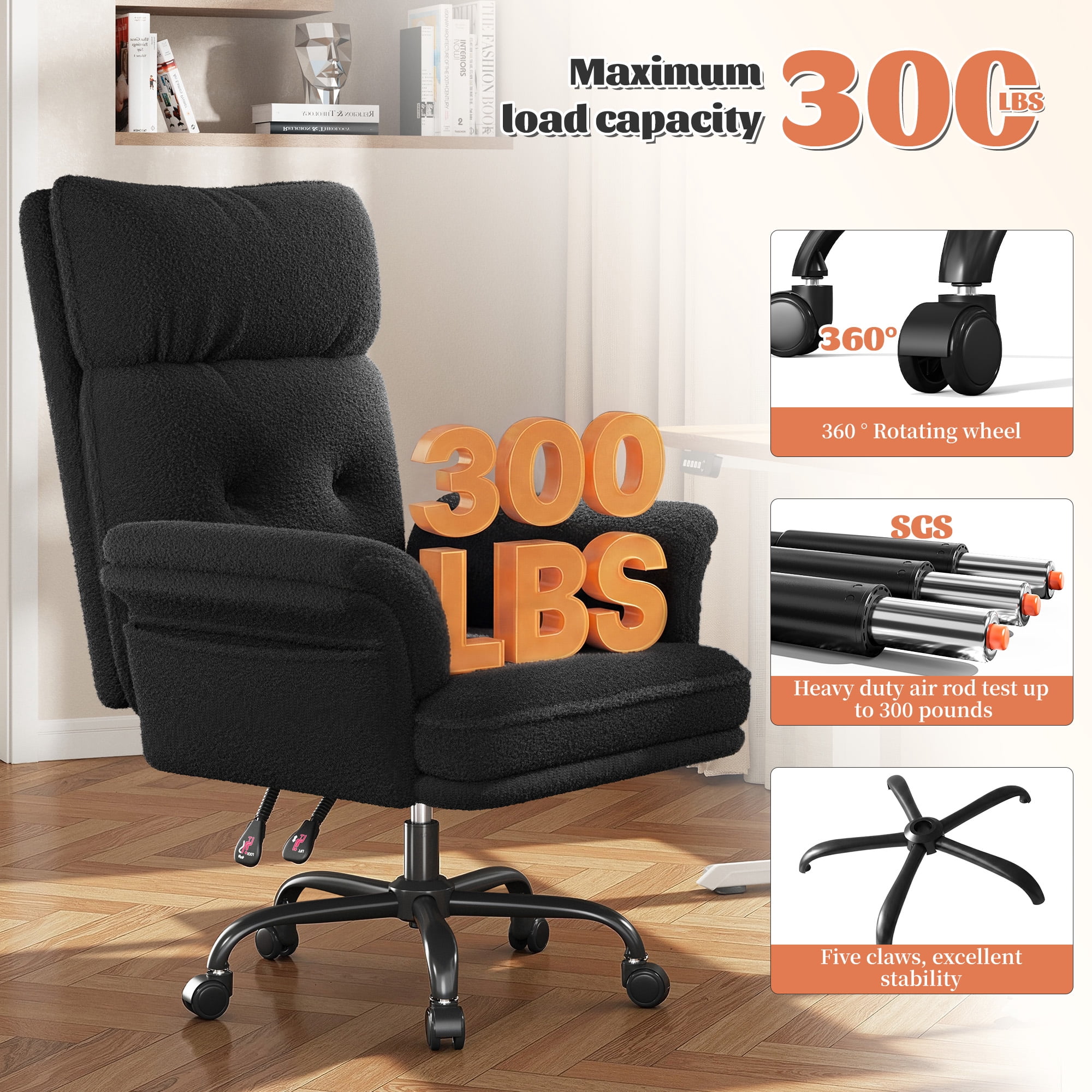 Romorgniz Criss Cross Chair with Armrests & Wheels Ergonomic Computer Gaming Chair with Two Side Pockets Teddy Plush Wide Seat Reclining Desk Chair for Home Office, Black