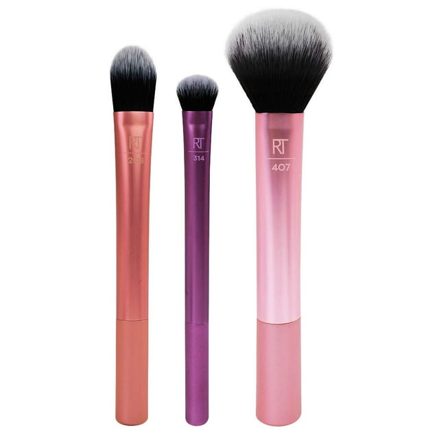 Real Techniques Travel Essentials Kit de brochas de maquillaje Brochas de maquillaje Perfectas para llevar Juego de 4 piezas de cerdas de brochas de maquillaje sintéticas veganas multicolores