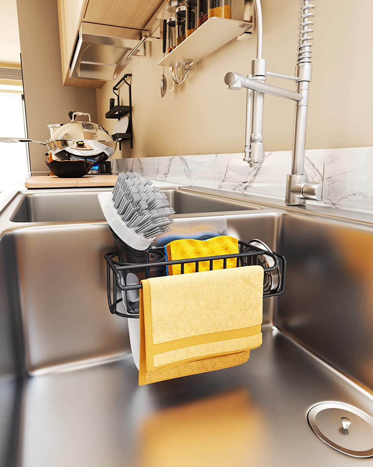 DOLRIS Sponge Holder for Kitchen Sink, Sink Caddy, 3 in 1 Adhesive Sponge Holder + Brush Holder + Dish Cloth Hanger, SUS304 Stainless Steel