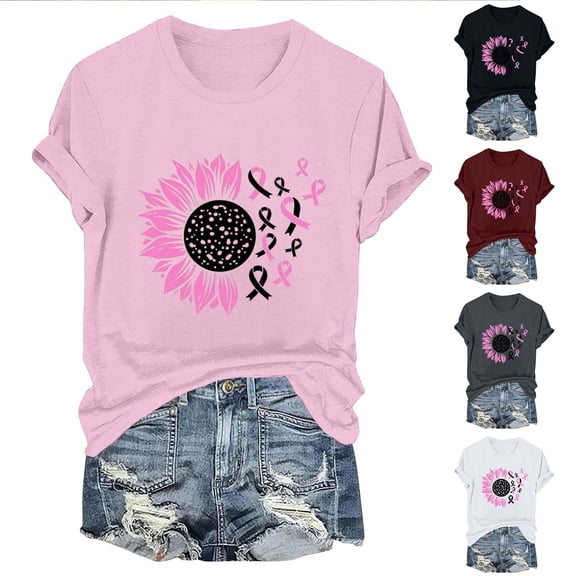 Axdhxbd Breast Cancer Awareness Shirts for Women Cute Floral Pink Ribbon Graphic Tees Short Sleeve Crew Neck Tshirt Cancer Survivor Tops White XL