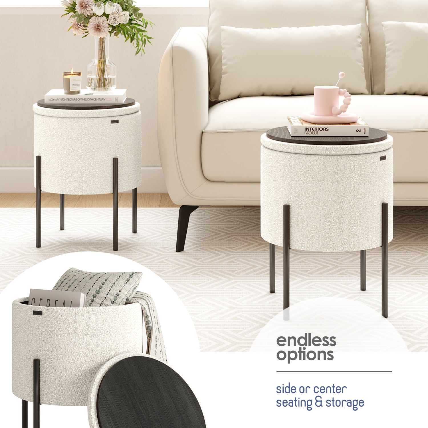 LammaLoe Small Round Ottoman with Storage, Boucle Ottoman Foot Stool with Lid, Upholstered Vanity Stool for Living Room & Bedroom, White