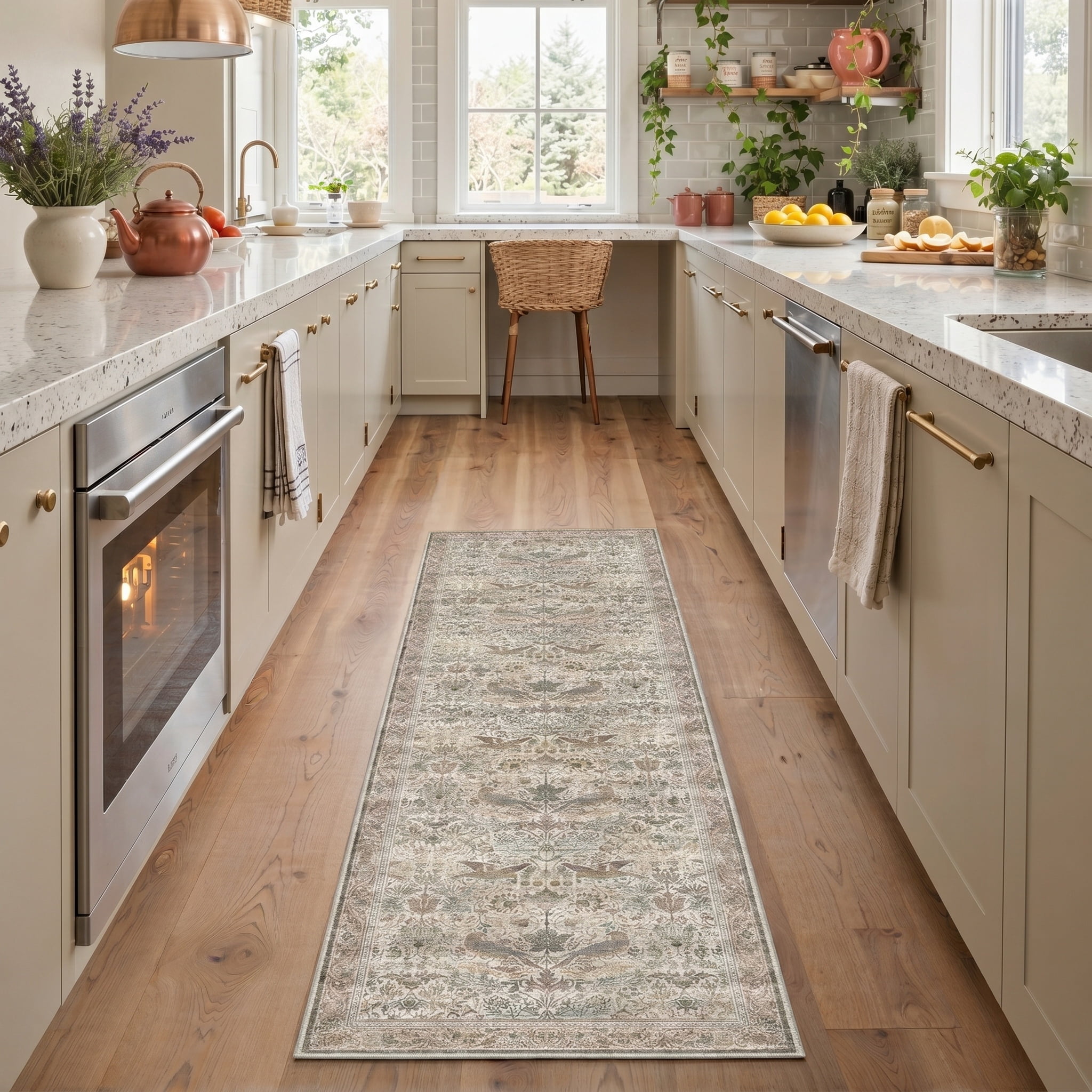 KUETH 8'x10' Vintage Floral Area Rugs for Living Room, Non Slip Machine Washable Forest Bird Rug, Low Pile Print Rug for Bedroom Dining Room Home Office