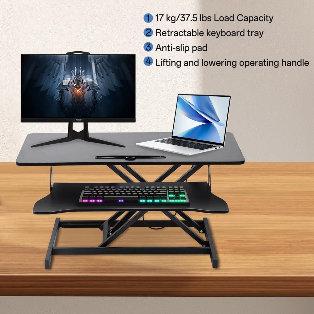 37" Desk Converter Height Adjustable Sit Stand Desk Riser with Keyboard Tray Desktop Standing Desks for Two Monitors Sit to Stand up Computer Workstation for Home Offices Holds 37 Lbs,Black