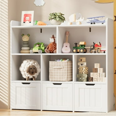 Kids Toy Storage Cabinet with 3 Movable Drawers and 6 Open Shelves, Noelse Kids Bookcase with Storage and Fall Prevention Barrier for Playroom Nursery Kids Room Organization, White
