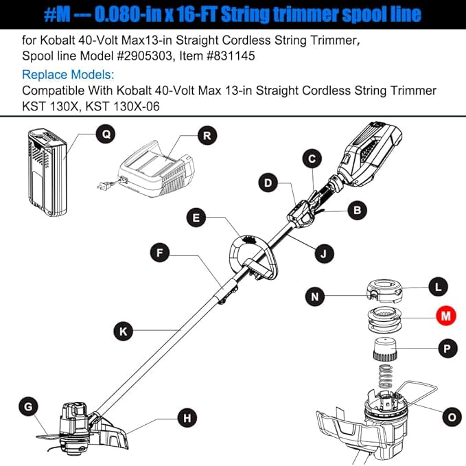 Replacement Spool Part for Kobalt KST 2540-06 Model #KST 1540-06 Model #KST 1640X-06 40V Max 2 Dual-line String Trimmers, Replacement Line for Kobalt KST 2540-06, KST 130X, KST 130X-06