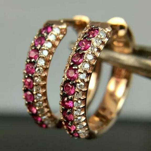 3Ct Round Cut Lab-Created Ruby Women Huggie Hoop Earring 14k Rose Gold Plated Silver