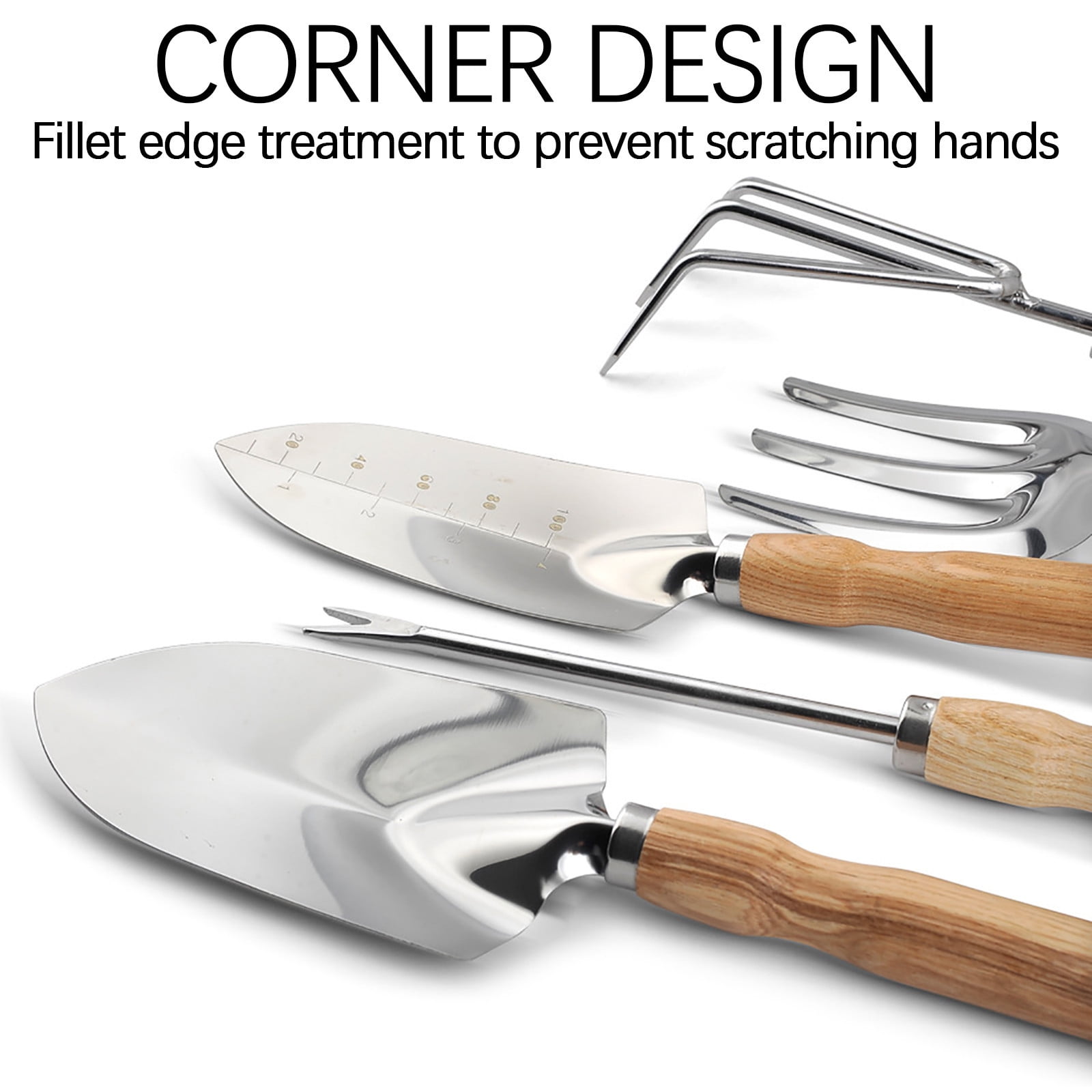 Wooden Handle Stainless Steel Gardening Tool Set, 5 Piece Shovel Rake Weeding Kit, Rust Resistant Comfort Grip Hand Tools for Flower Vegetable Planting Yard Garden Maintenance