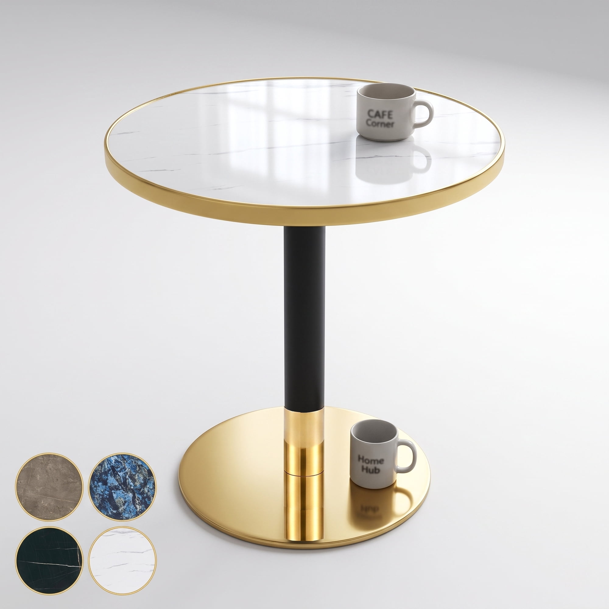 23.6" Round MDF sprayed with UV paint countertop, marble texture, stainless steel edging, metal table legs, modern light luxury edge/coffee table.