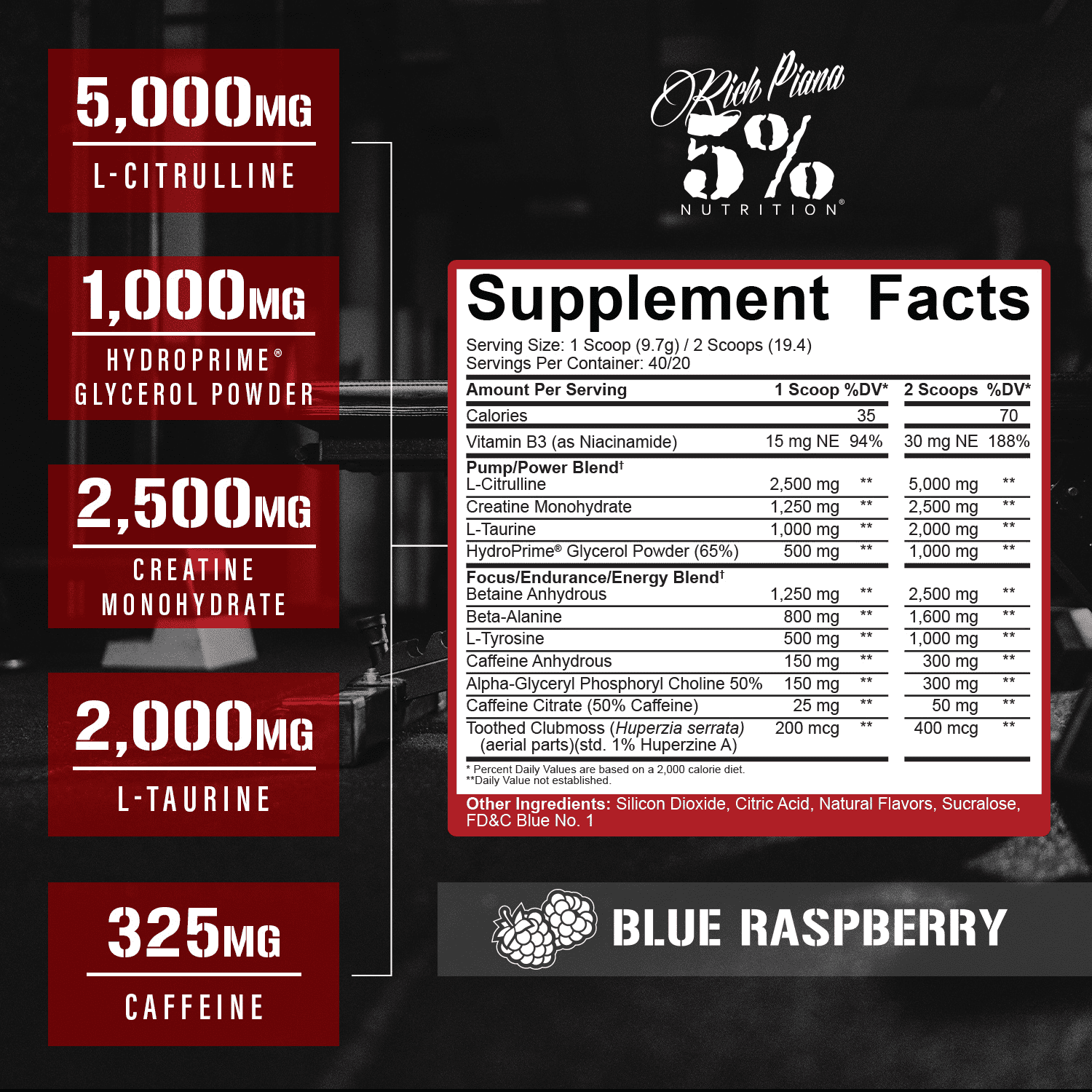 5% Nutrition Rich Piana Kill It Pre-Workout Powder Supplement with Creatine & Caffeine for Pump, 40 Servings (Blue Raspberry)